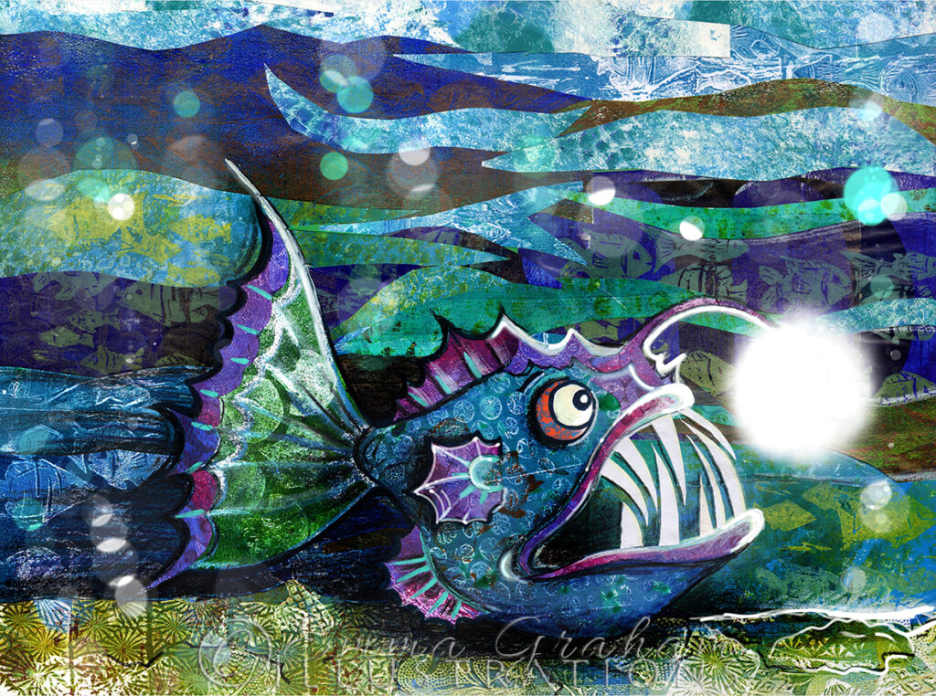 collaged image in blue of angler fish