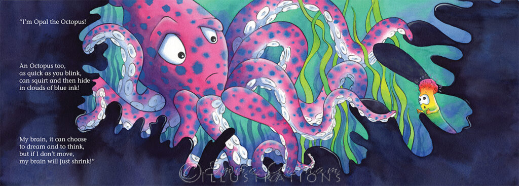 pink octopus with blue spots hides in his ink, small Sammy the sea squirt makes friends