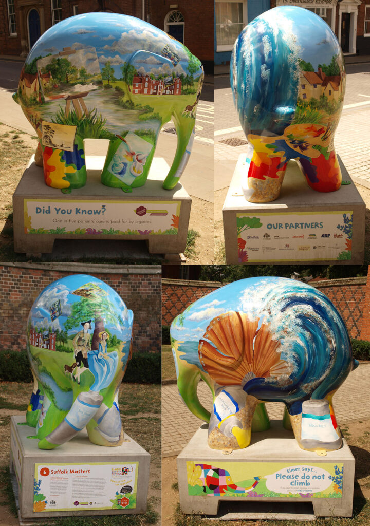 Large Elmer the elephant sculpture painted in the style of Gainsborough, Constable and